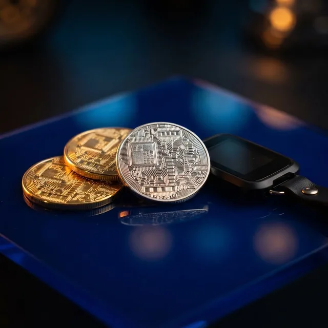 Zlaté a stříbrné mince vedle hardwarové peněženky symbolizují krypto platby na Mostbetu